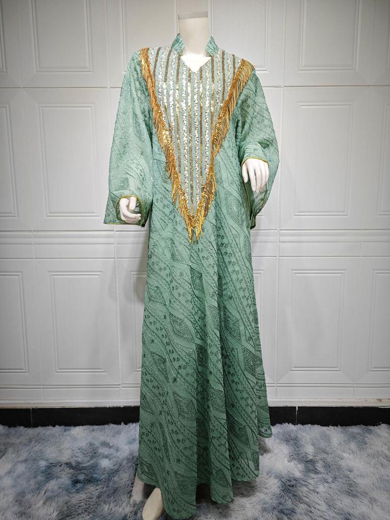 AB320 Tulle Embroidered Sequined Muslim Evening Dress - Arabic Dubai Style Robe for Middle Eastern Women