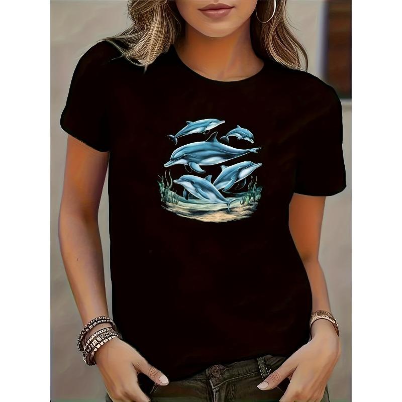 

European sizes White Casual Short Sleeve T-Shirt with Blue Dolphin Print & Turquoise Leaping Dolphins - Round Neck Opaque Top, Marine-Themed Beachwear 4XL