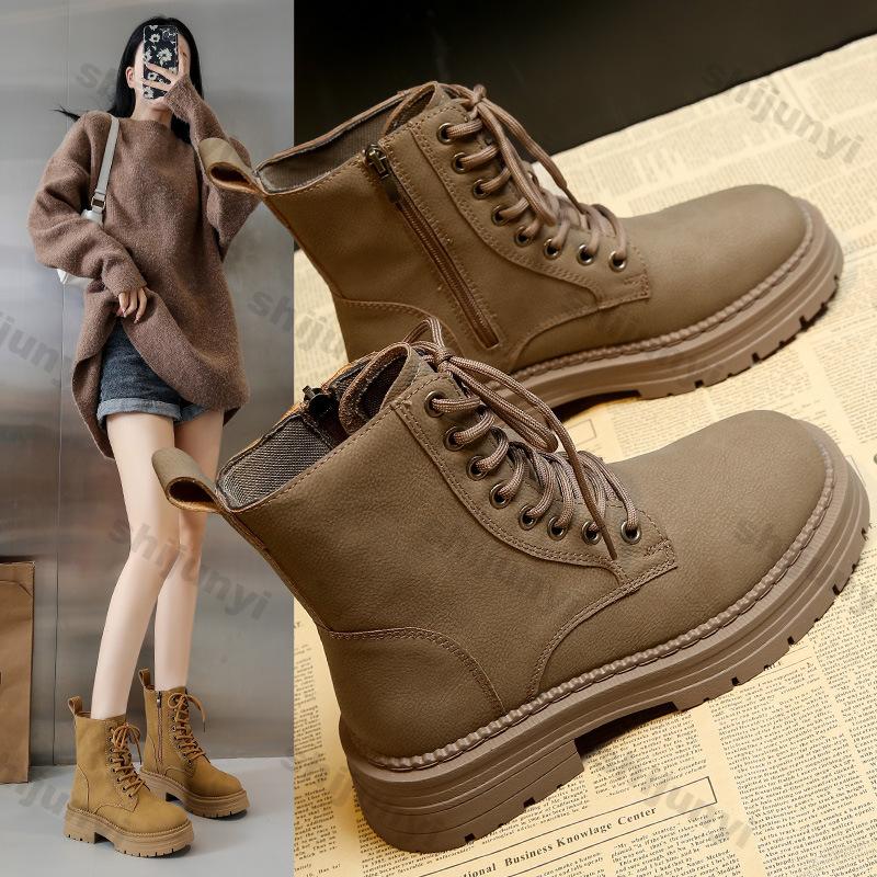 Fashion Women Brown Platform Combat Boots Autumn Winter Lace Up Zipper Ankle Boots Woman Thick Sole Faux Suede Motorcycle Botas Mujer