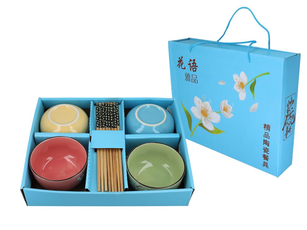 Set of 4 Bowls Chopsticks For Ramen Rice Porcelain Asian Kitchen