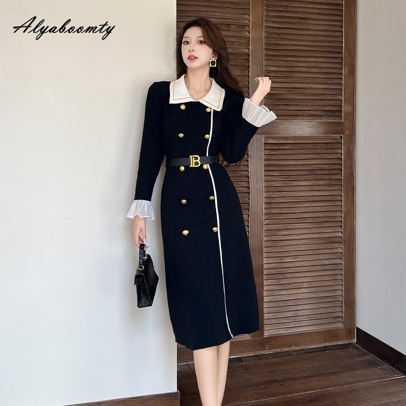 Office Lady Fall Winter Women Knitting Dress Turn-Down Collar Contrast Color Knitted Dress Flare Sleeve Elegant Fashion Warm Sweater Dress With Belt