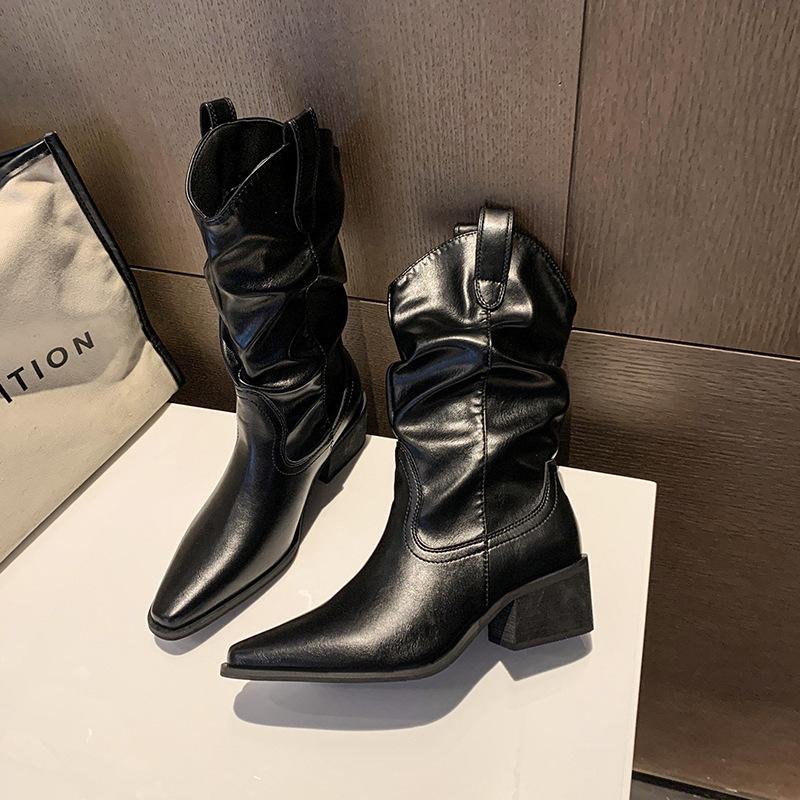 Premium Spice Girls Pointed Martin Boots Women's Autumn and Winter New Thick Heel Pleated Pile Medium Boots British Skinny Boots