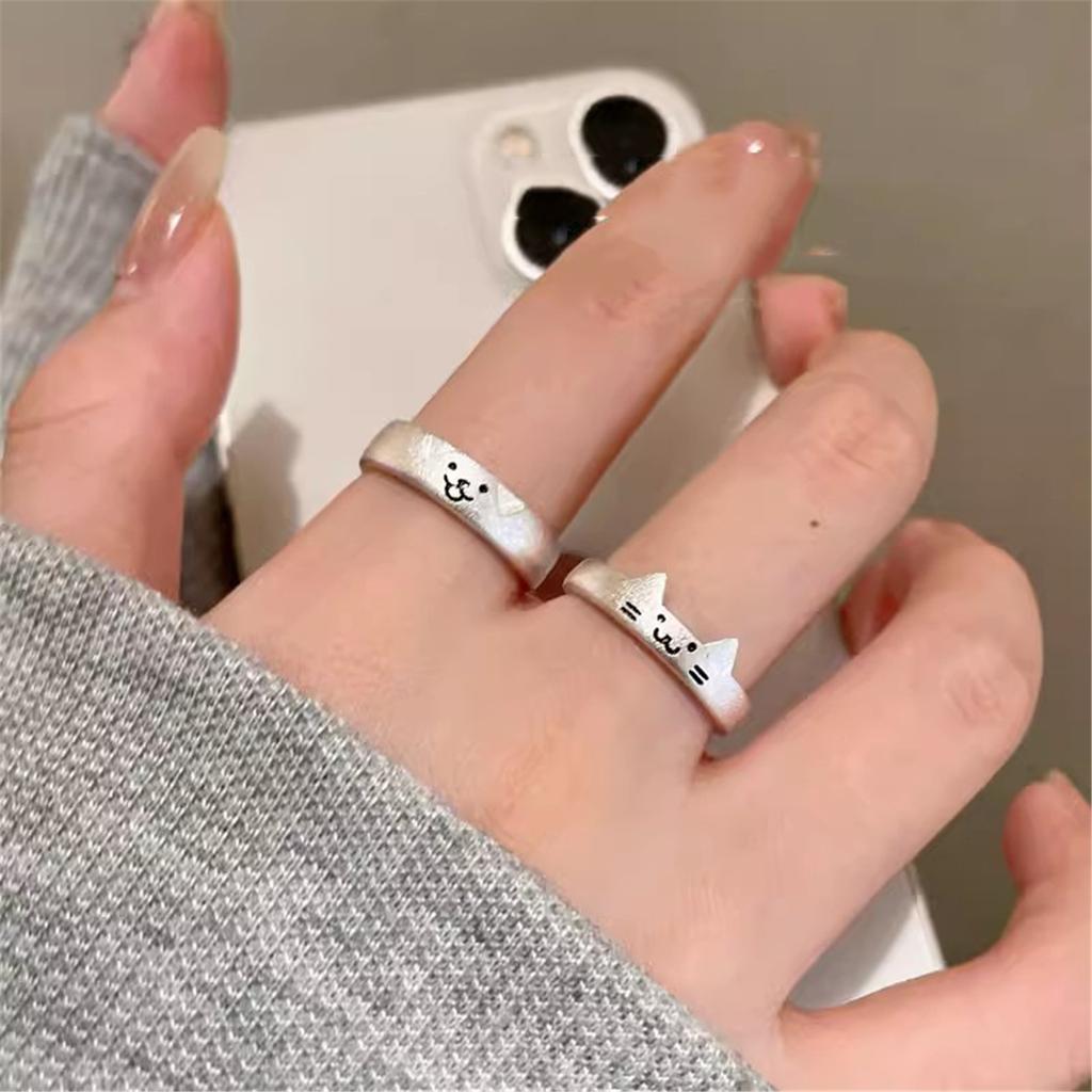 2pcs Adjustable Cute Cats and Dog Cartoon Ring for Women Adjustable Size Friendship Ring Fashion Engagement Jewelry