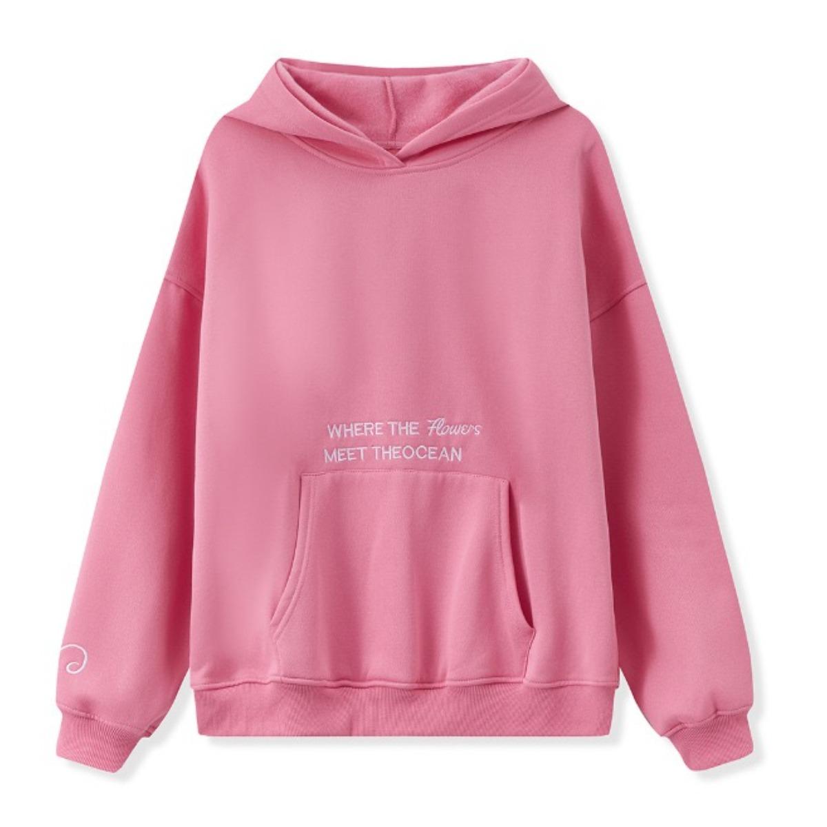 

STREETRICH Женский топ с капюшоном на осень-зиму, эстетика Y2K, с цветочной вышивкой и буквой на спине, с длинным рукавом, свободного кроя, пуловер с карманами S розовый