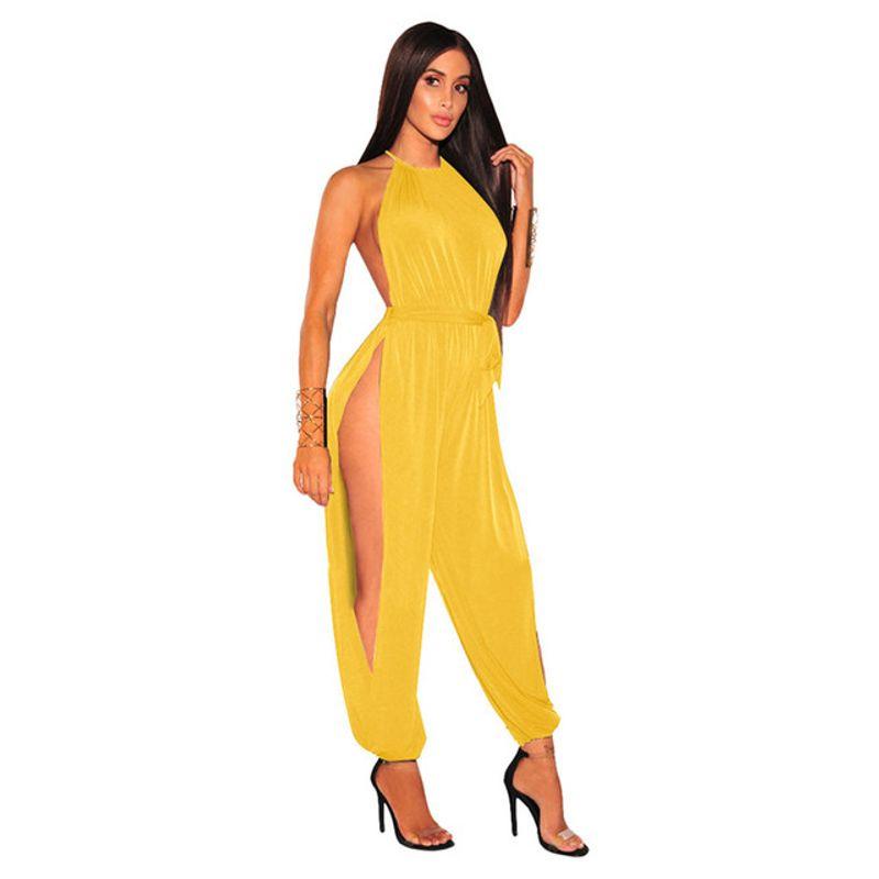 

O-Neck Belt Jumpsuit Sexy Lace Up Slim Rompers Jumpsuit Yellow M
