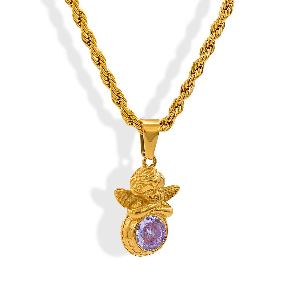 Retro Stainless Steel Guardian Angel Zircon Pendant Necklace with December Birthstone Twisted Chain