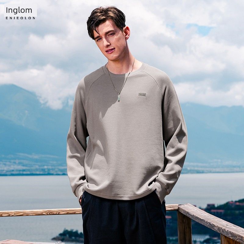 

Yingjuelun Waffle Texture Men s Crew Neck Sweatshirt 2025 Autumn New Raglan Sleeve Casual Pullover Top Light gray L((Recommended 65-72.5kg))