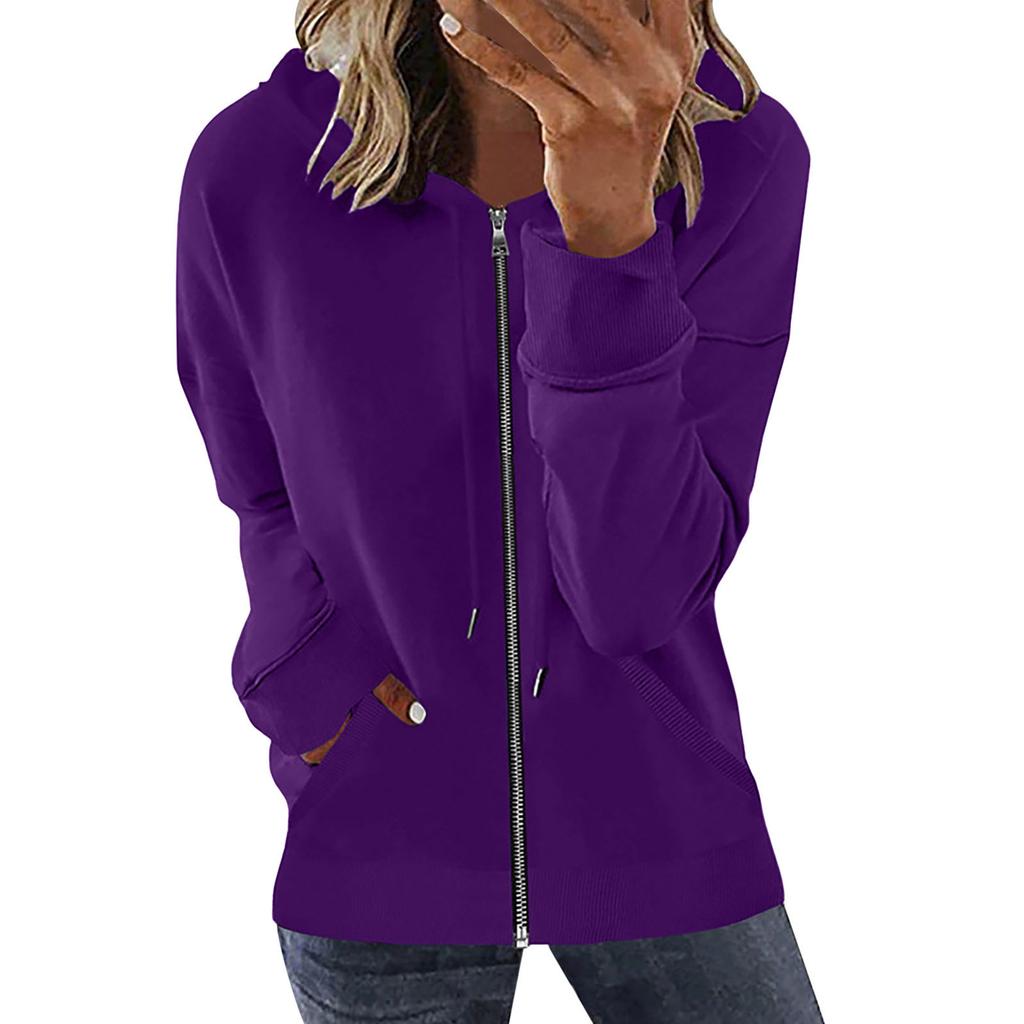 Women's Loose Fit Solid Color Zip Up Hooded Long Sleeve Sweatshirt Casual Pocket Hoodie Top