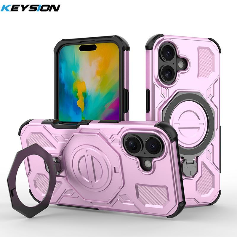 KEYSION Shockproof Magnetic Case for iPhone 16 Pro Max Upright Live Metal Ring Stand Phone Cover for iPhone 15 Pro Max