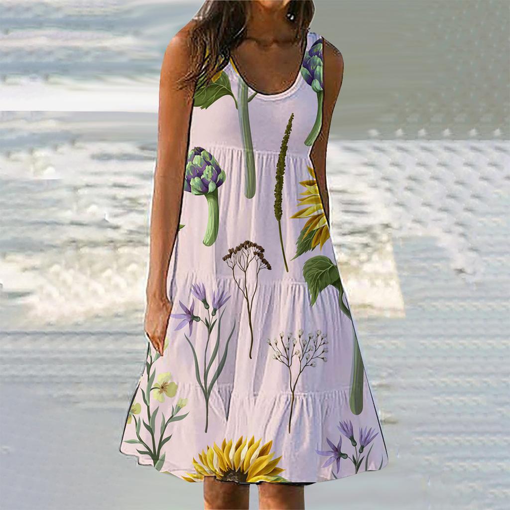 Women's Summer Floral Print Beach Dress Round Neck Sleeveless Dress
