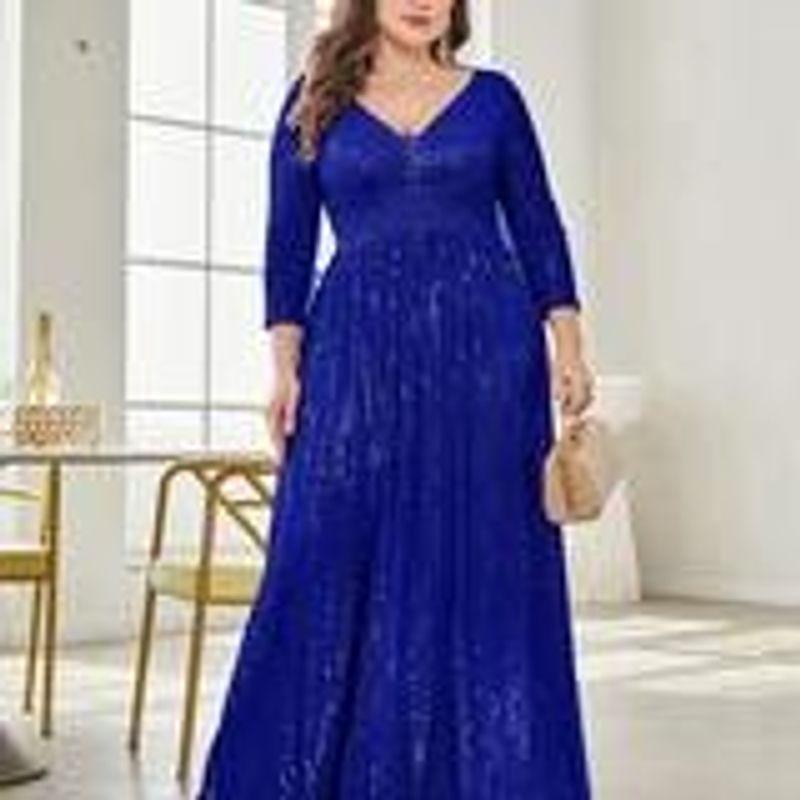 New Plus-Size Evening Dress with Sequins and Long Sleeves, Birthday Gown, Banquet Party Dress