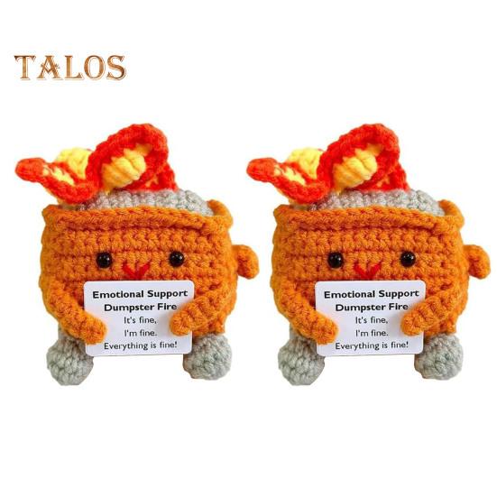 2Pcs Positive Crochet Flame Dumpster with Encouraging Card Emotional Support Handmade Knitting Trash Can Doll Decoration Ornament
