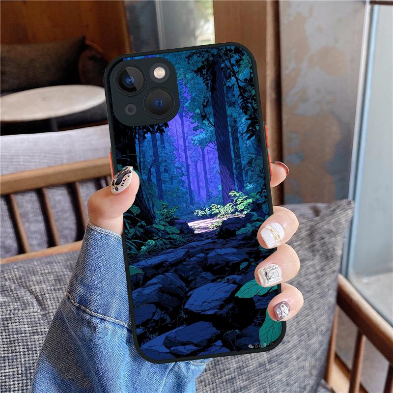 Anime Landscape Scenes Black Phone Case For iPhone 16 15 11 12 14 13 Pro Max Mini X XSMax XR 7 8 Plus SE4 16e Silica Cover Funda