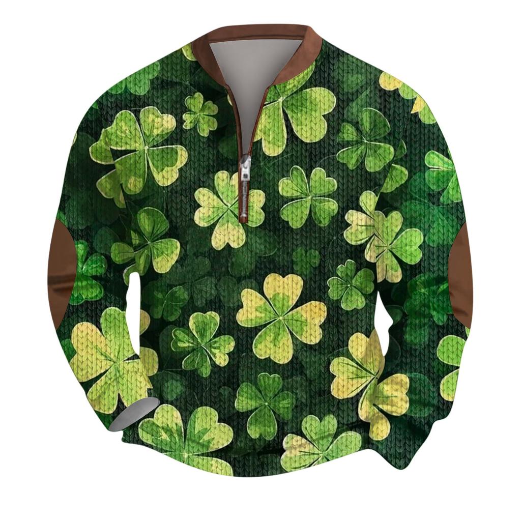 Mens Christmas Sweater Zip Up Sweatshirts Vintage Knit Graphic Sweatshirt St. Patrick's Day Stand Collar Pullover