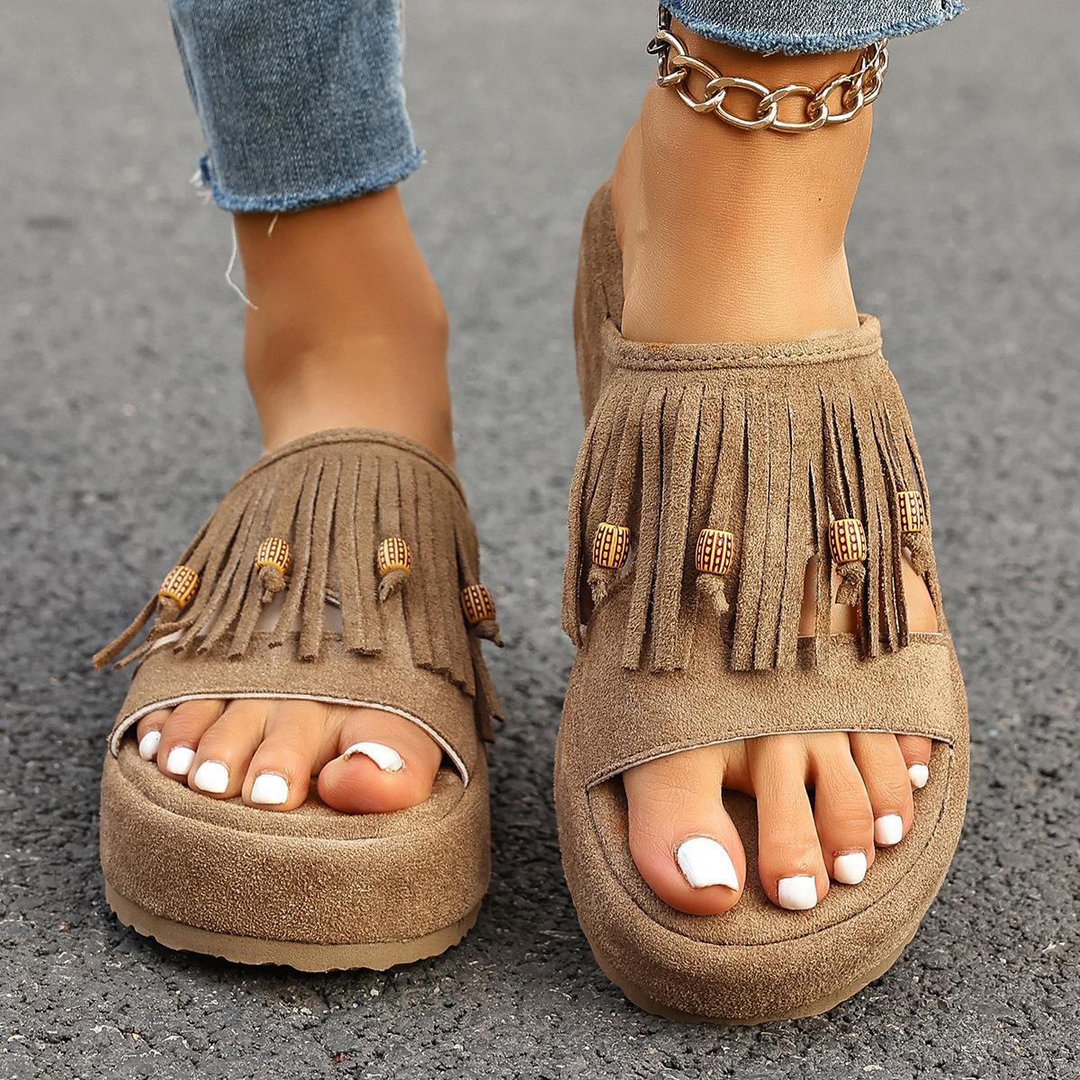 

2026 Summer Fashion Women Round Toe Slip on Platform Plus Size Shoes for Women 36-42 Tassel Non-slip Flat Sandals Beach Slippers 40 хакі