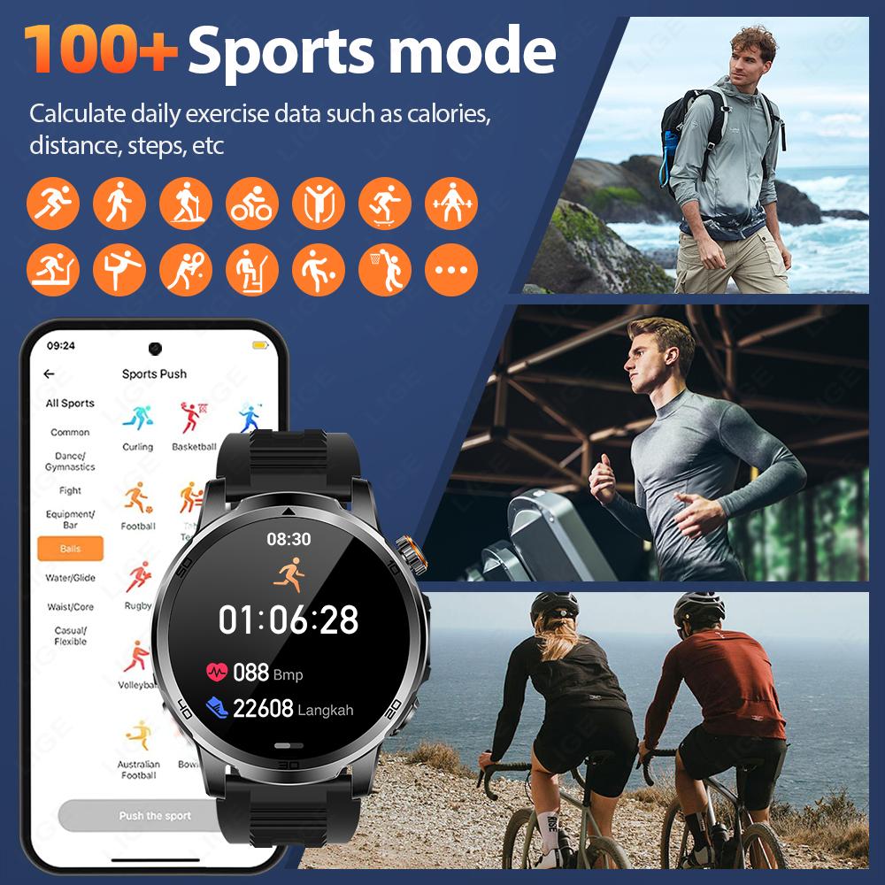 1000mAh Super Capacity Battery Adult Men Smart Watch Flashlight SOS Distress Light 1.85" HD Bluetooth Call Sport Smartwatch