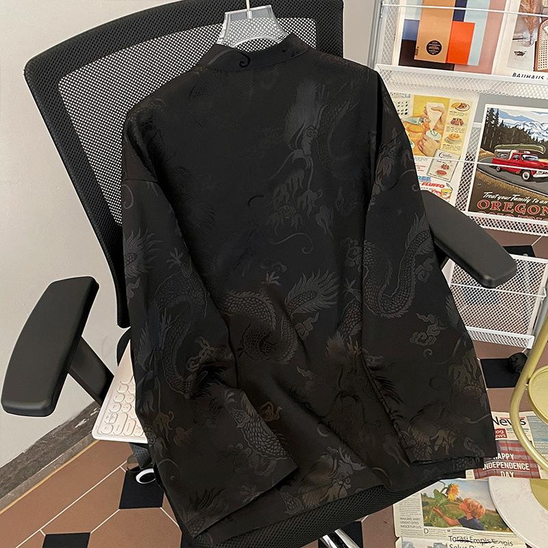 Retro Jacquard Shirt Men Chinese Style Top Satin Kungfu Blouse Long Sleeve Tradition Button Down Male Tai Chi Costume