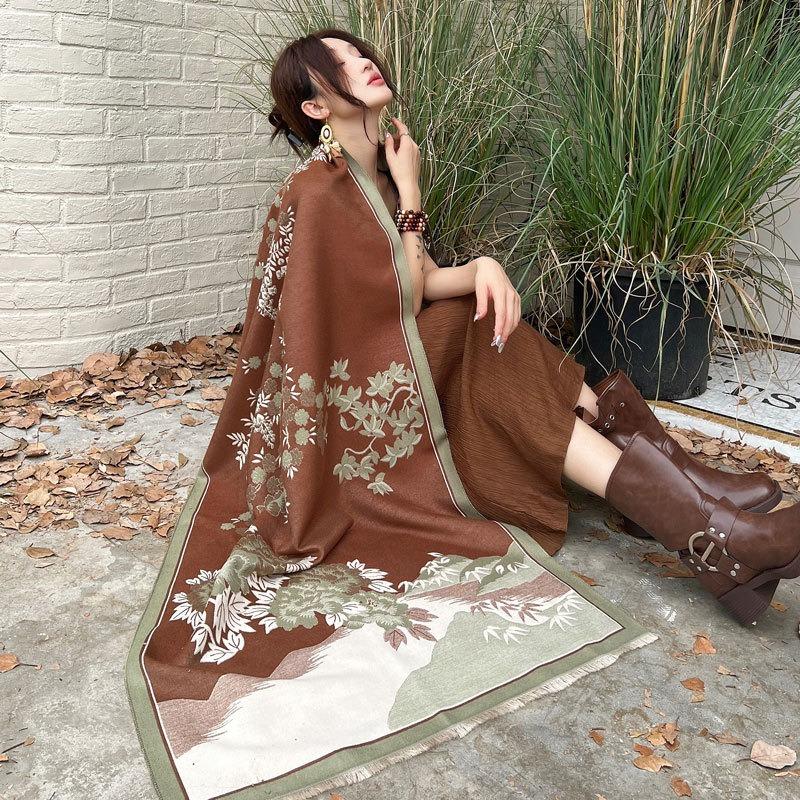 Autumn and winter advanced sense landscape flower language double-sided jacquard scarf women's light luxury warm thickened scarf versatile shawl