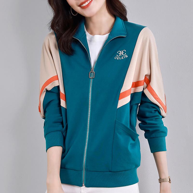 Women's Autumn and Winter Patchwork Standing Collar Sweatshirt Zip Top