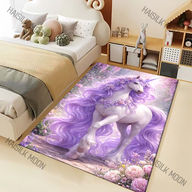 1PC Purple unicorn with flowers Carpet for Living Room Bedroom Sofa Home Decor Rus Non-slip Floor Mat Luxury Gift