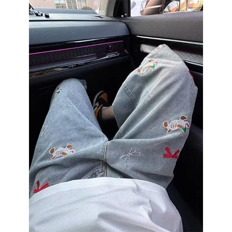 American retro puppy embroidered denim shorts men's summer loose straight versatile trendy cropped pants