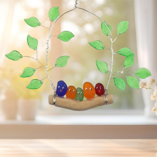 Colorful Bird Perch Seaglass Decoration Handmade Sea Glass Multicolor Bird on Branch Wall Art Sea Glass Artwork Wall Hanging Ornament
