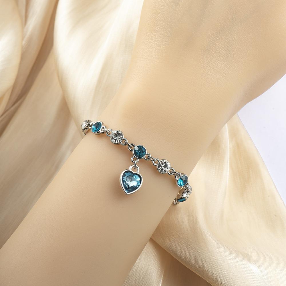 

Blue Crystal Heart Charm Bracelet for Women Bridal Wedding Engagement Fine Jewelry Gift 18cm срібний