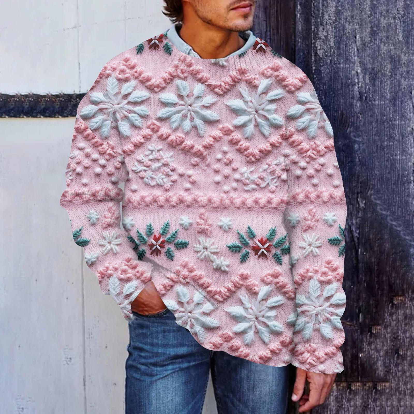 

Чоловічий штучний светр із різдвяним принтом, світшот із круглим вирізом, вільний топ з довгими рукавами XXXXL рожевий