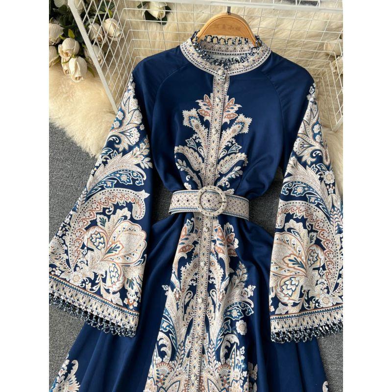 New Arrival Retro Print Bell Sleeve Irregular Dress