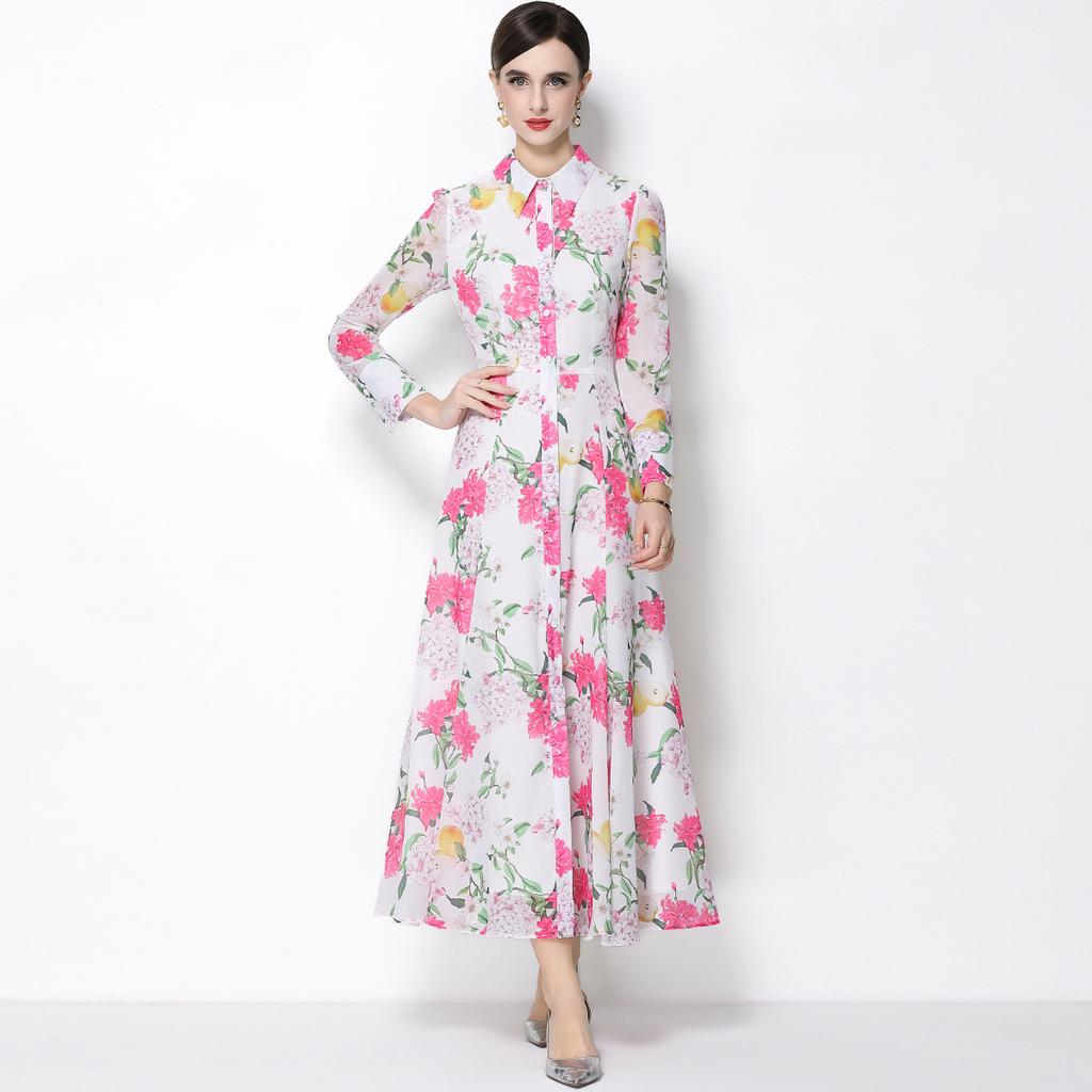 Spring Clothing for Women 2026 New Style High-End Flower Printed Belt Slim-Fitting Long French Long Sleeve Chiffon Maxi Dress