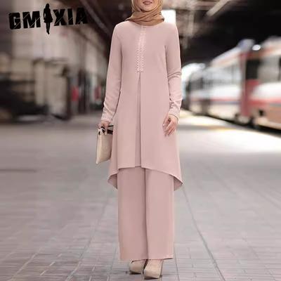Ensemble pantalon et haut pour femme, mode, printemps et automne, couleur unie, manches longues, devant en dentelle, col rond