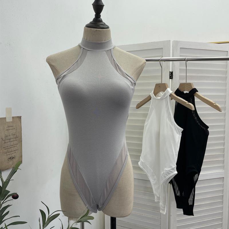 Sexy Stretchy Halter Bodysuit with Chest Pads and Sleeveless Camisole Design