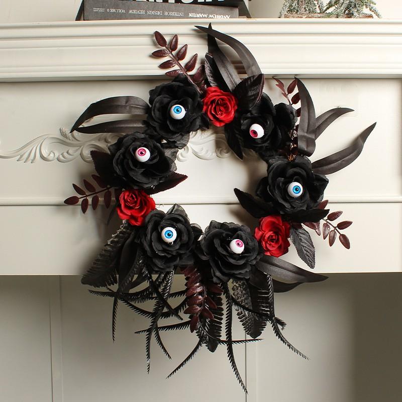 Halloween Decorative Wreath With Fake Roses Eyeballs Dried Branches Door Hanging Horror Party Prop