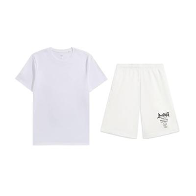 Plain Breathable Simple Comfortable Versatile Round Neck Pullover Short Sleeve T-Shirt Casual Sports Set Unisex Tops White AHSUA49-1+AKST593-7