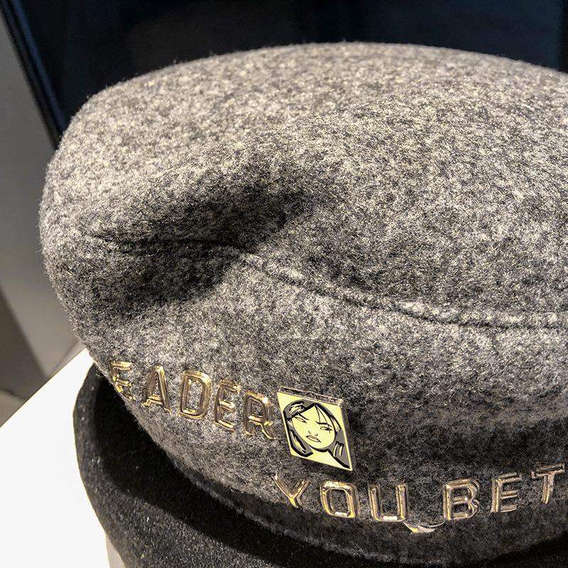 Golden Letter Rivet Decoration Woolen Beret Women Autumn and Winter British Retro Painter Hat Ladies Bud Hat