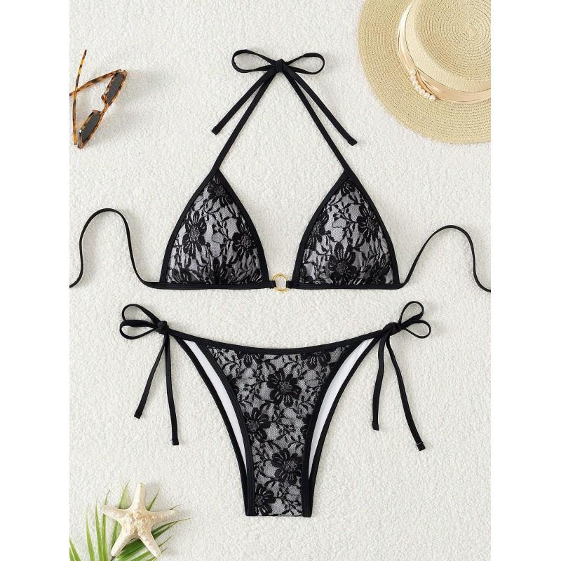 Womens Sexy Backless Lace Tie Side Triangle Bikini Set Swimming