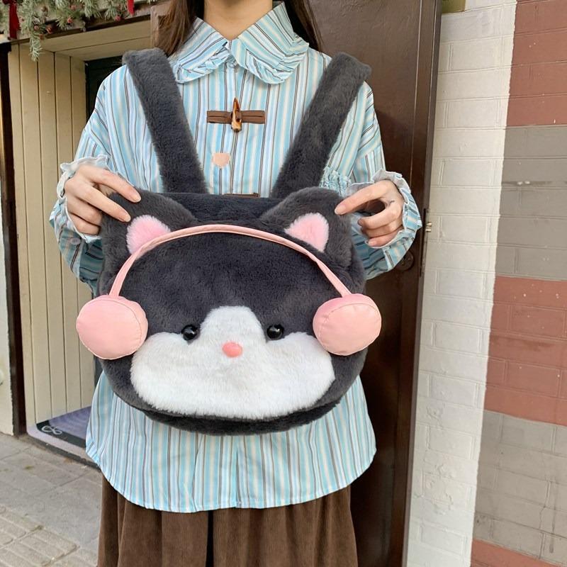 Urocze słuchawki kotek futrzany plecak o dużej pojemności plecak z kreskówką nowa torba dla lalki tornister damski