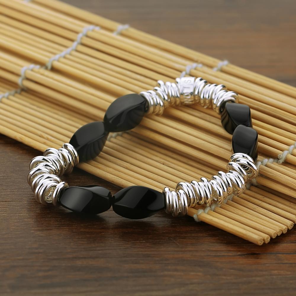 925 Sterling Silver Elastic Bracelet Personality Women Black Agate Bracelet Fashion Fine Jewelry 