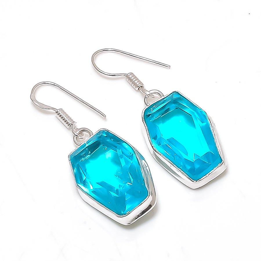 Blue Topaz Gemstone 925 Sterling Silver Jewelry Earring 1.58"