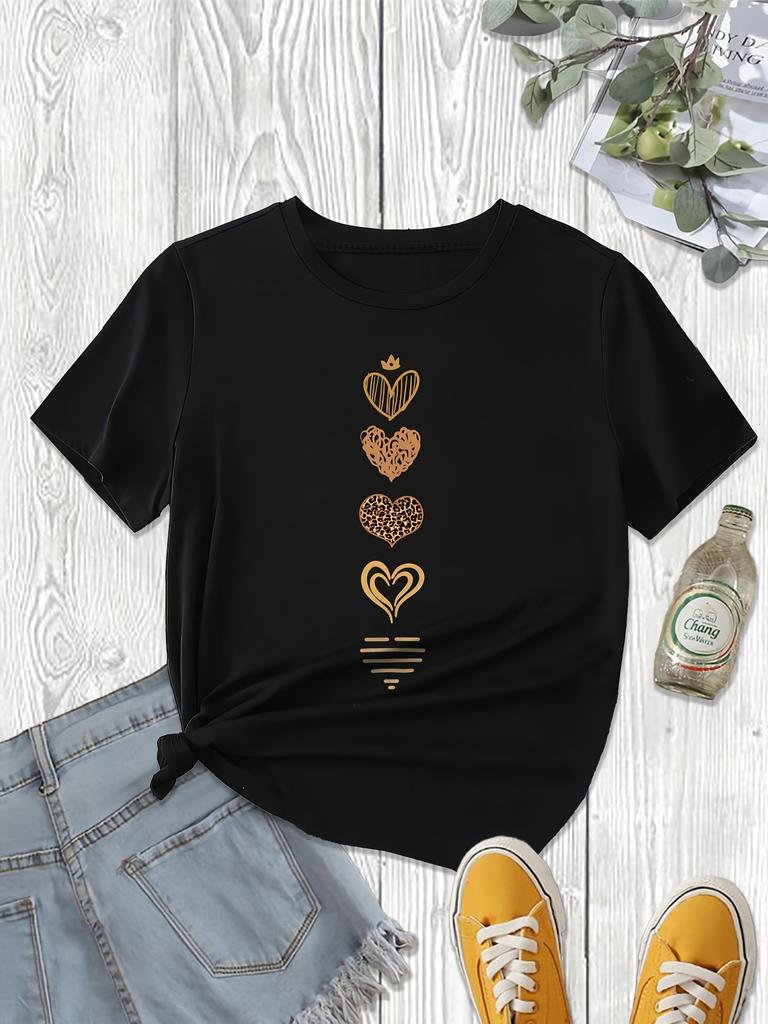 Heart Print Crew Neck T-Shirt Casual Short Sleeve T-Shirt For Spring & Summer Women's Clothing