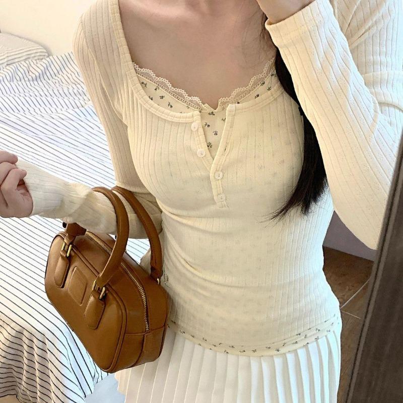 2KWEIRD T-shirts Women Floral Fake Two Pieces Korean Fashionable Designed All-match Hotsweet Y2k Tops High Street Basic Clothes Fairy