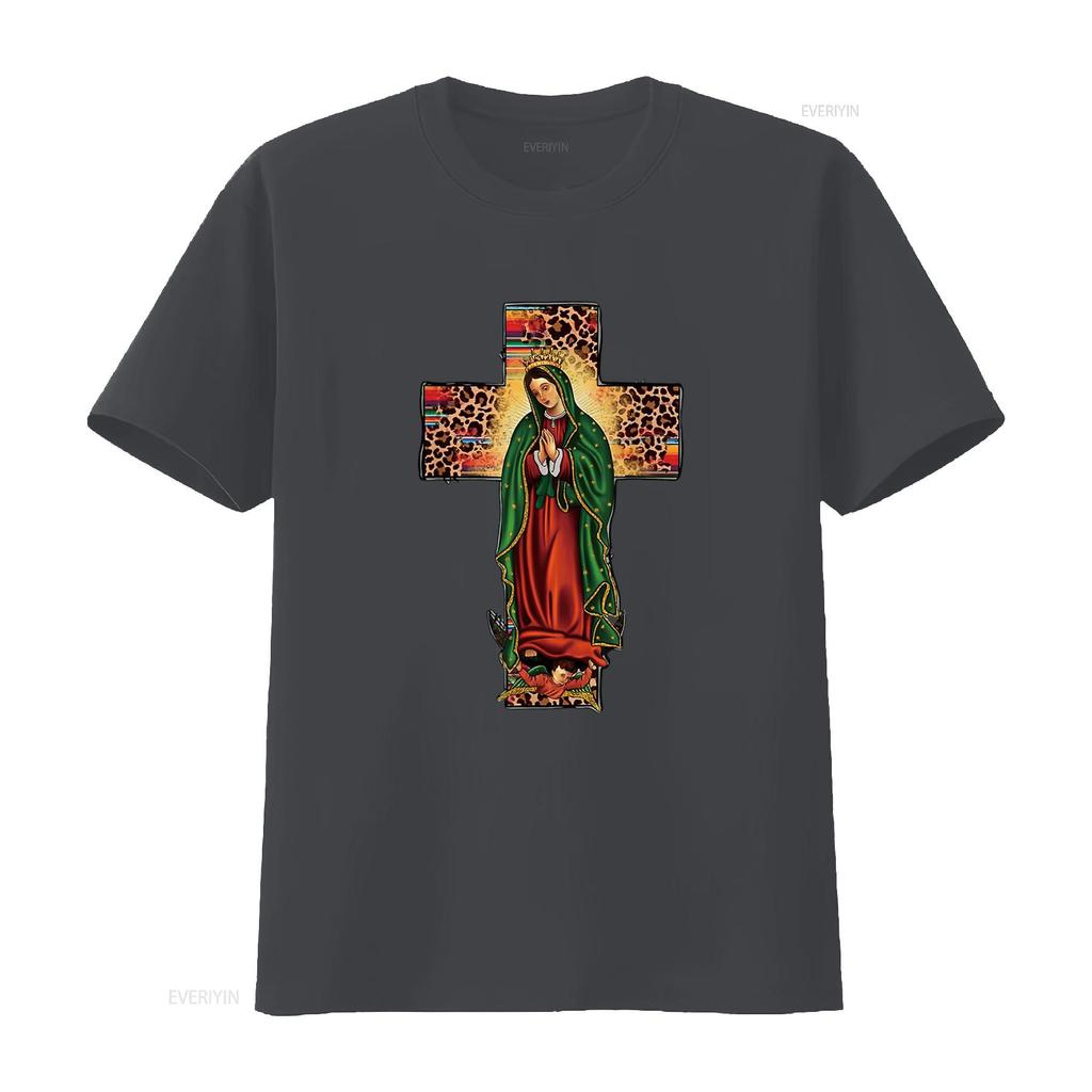 Mexican Serape Leopard Our Lady of Guadalupe Mexico T Shirt Vintage Washed Unisex Slightly Casual Homme Versatile Soft Fashion