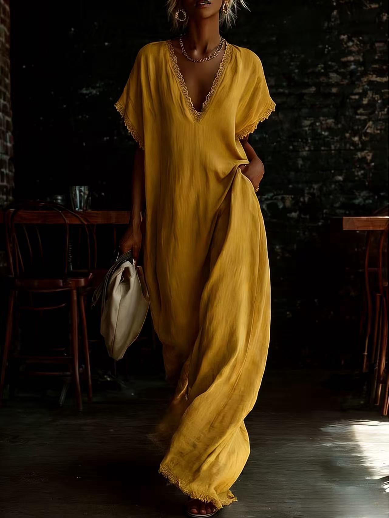 2026 Spring/Summer Casual Elegant Linen Cotton Dress with Lace Trim Double Extra Large жёлтый