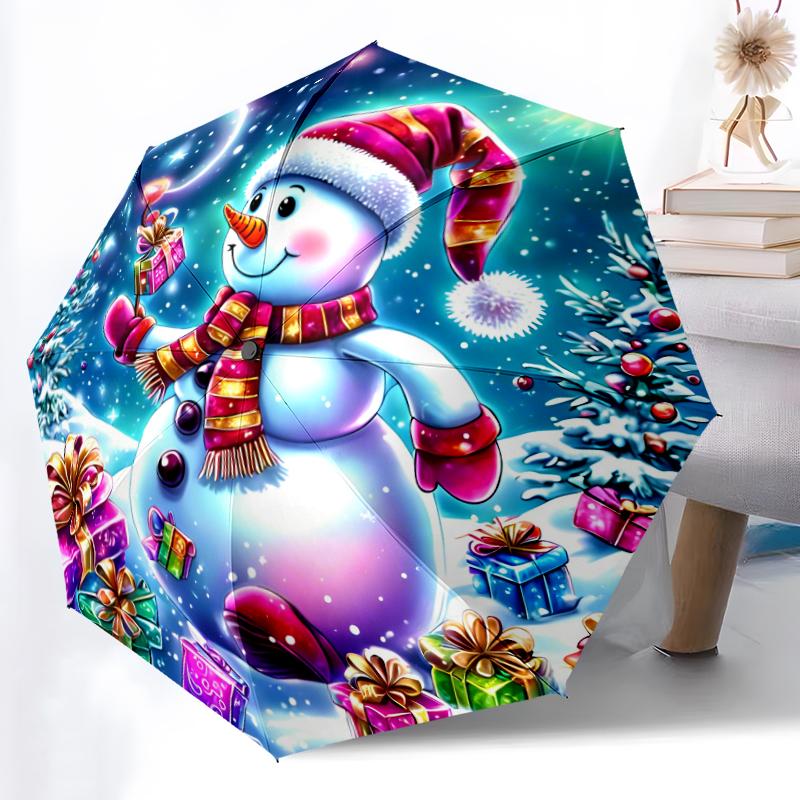 1pc Sturdy 8-Bone Auto Umbrella, Lovely Christmas Snowman Umbrella, Digital Printed, Foldable Umbrella for On-the-Go Outdoor Use