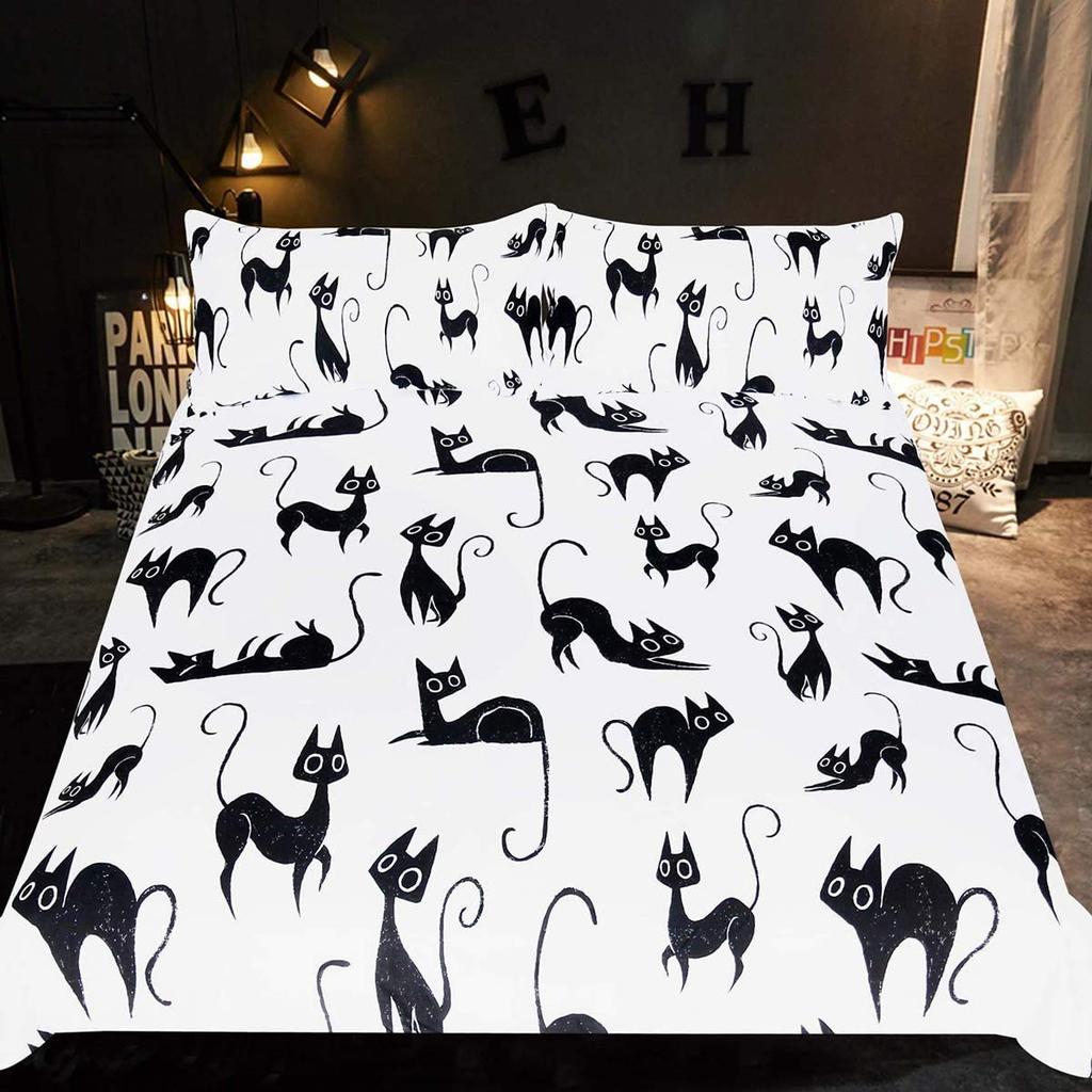 Witch Black Cat Duvet Cover Set Full,Cat Sitting On Moon Bedding Set Vintage Gothic Animals Cat Comforter Cover 2/3pcs Bed Sets