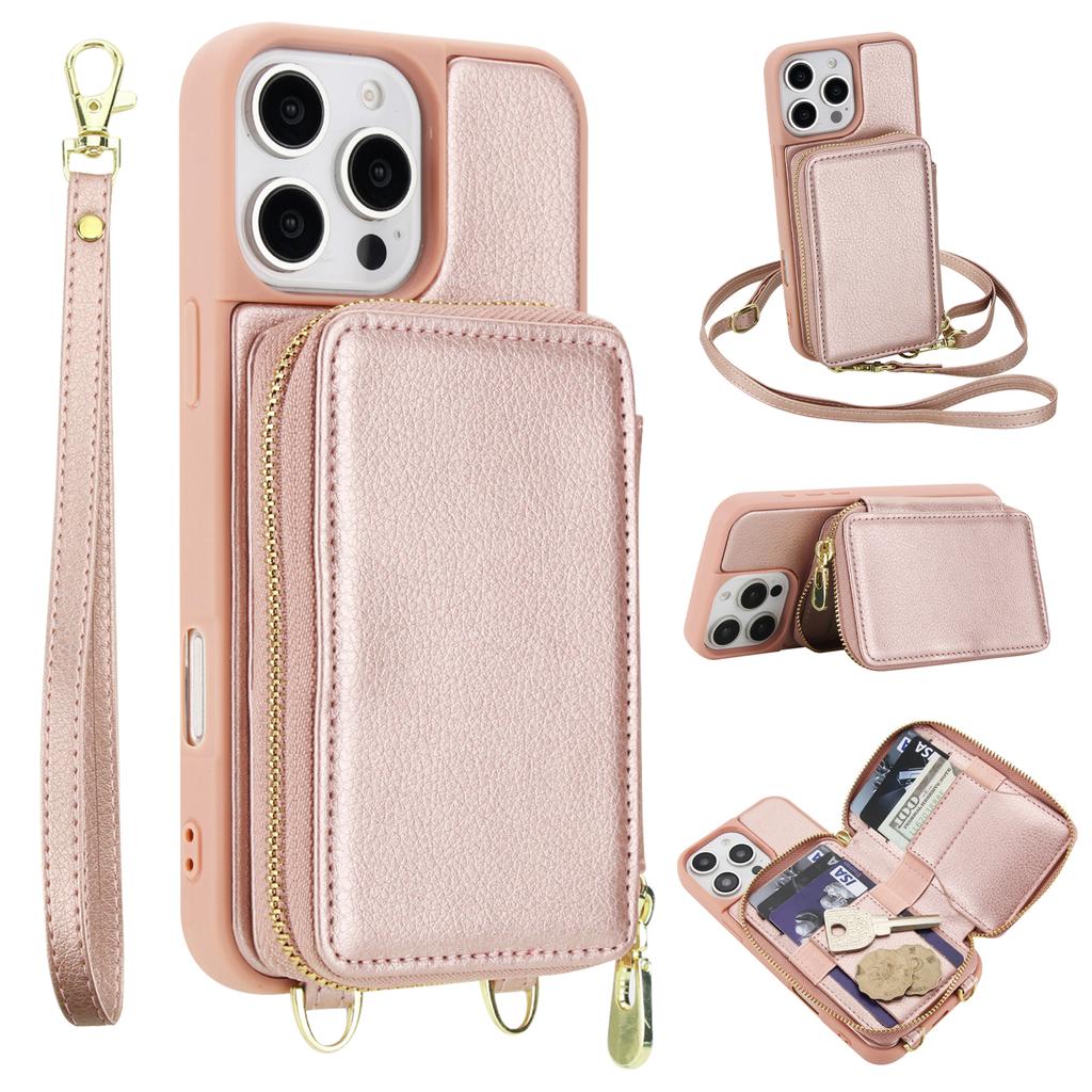 For iPhone 16 Pro Case RFID Blocking Zipper Wallet Leather + TPU Phone Cover with Shoulder Strap