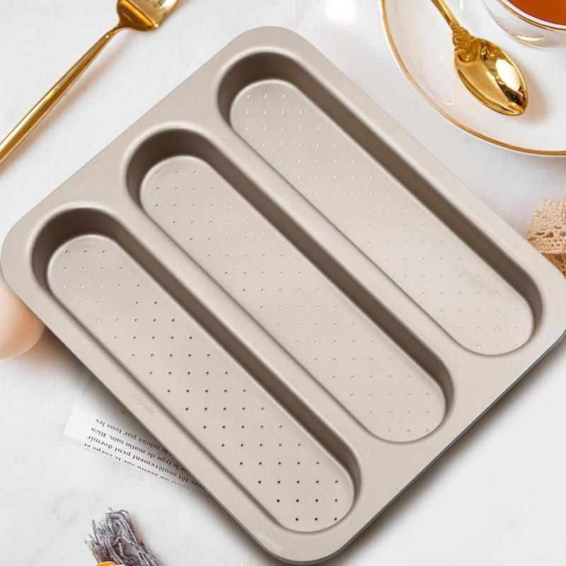 Durable Carbon Steel Baguette Baking Molds, Nonstick French Bread Pan with Rectangular Slots, Specialty 3-Cavity Baguette Mold - Essential Kitchen
