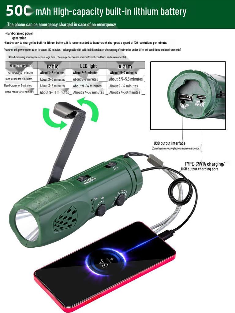 Emergency Multi-Function Hand-Crank Flashlight with Radio, SOS Alarm, and Phone Charger