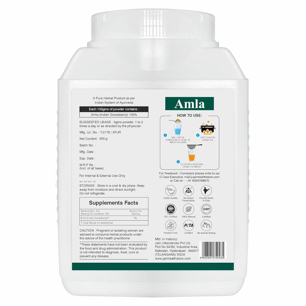 Polvere di Amla Jain 400g | Integratore Erboristico Ayurvedico 100% Puro per Capelli, Pelle, Benessere e Immunità