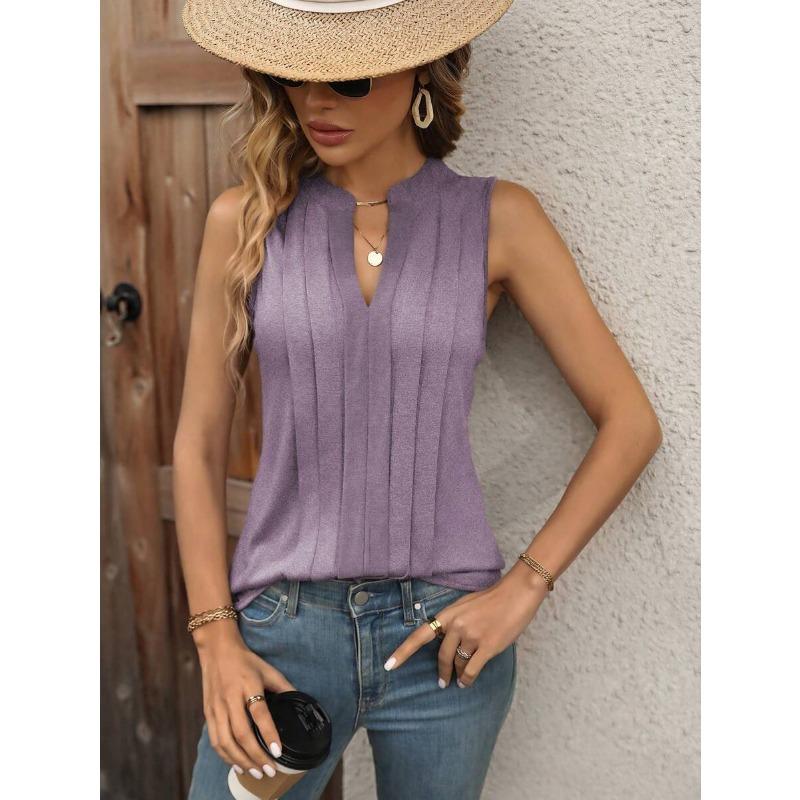 2026 Women's Summer New Style Fashion Elegant Pleated V-Neck Vest Women's Top T